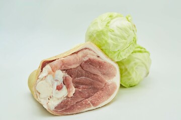 Raw meat and cabbage for cooking cabbage soup. Different parts of meat products for different dishes. - 788029084
