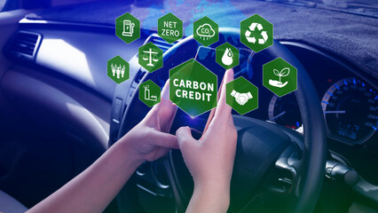 Carbon credit concept, Trader using smartphone to trade carbon credit on application, carbon etf to...