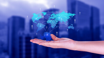 Hand holding Global network connection digital business virtual screen, Big data analytics and business intelligence concept, Ecommerce, online marketing technology concept.