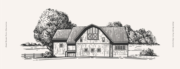 Large farmer's house, fence and trees. Traditional village house and village landscape. Farmland in engraved vintage style. - 788029466