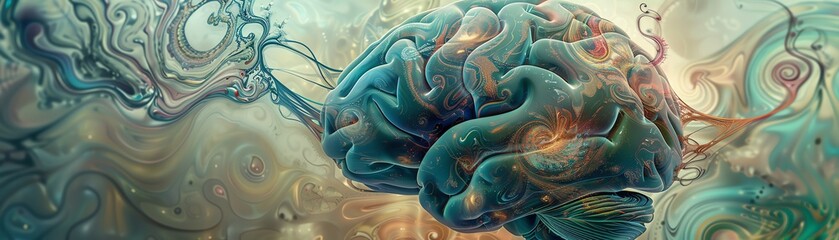 A brain evolving from primitive biological forms into a sophisticated AI system, displayed in a continuous, flowing contrast of textures and elements - obrazy, fototapety, plakaty