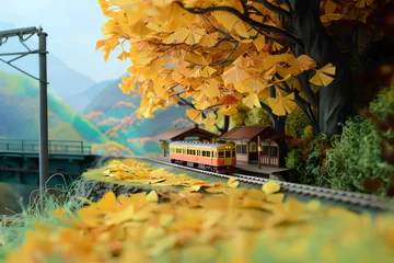 Muurstickers Honing 黄葉と電車のある風景（ジオラマ風）