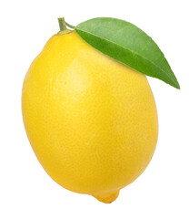 ripe lemon fruit with leaves isolated, transparent PNG, PNG format, cut out, single