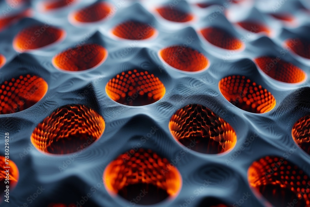 Poster a visually striking art piece featuring a glowing red and blue honeycomb pattern with a deep 3d effe