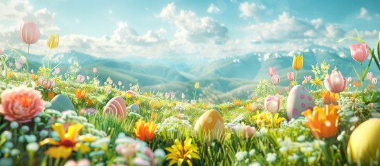 Easter wishes with a backdrop of a scenic spring landscape adorned with blooming flowers. - obrazy, fototapety, plakaty