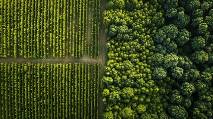 A series of aerial views depicting contrasting agricultural patterns organized vineyards versus wild, untamed forests illustrating human influence on natural landscapes - obrazy, fototapety, plakaty