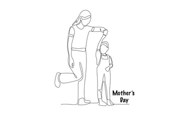 Mother and son holding hands. Mothers day concept one-line drawing