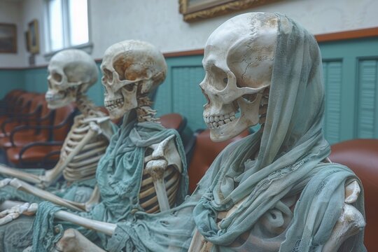 A skeleton clad in a shawl sits in a waiting room, giving a haunting yet contemplative feel to the image