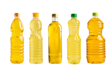 Vegetable oil in different bottle for cooking isolated on white background. - obrazy, fototapety, plakaty