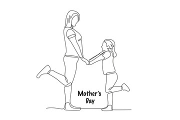 Mother and child holding hands. Mothers day concept one-line drawing