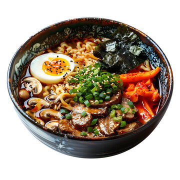 ramen with pork chasu mushrooms one soft boiled egg thick noodles spices sesame seeds seaweed