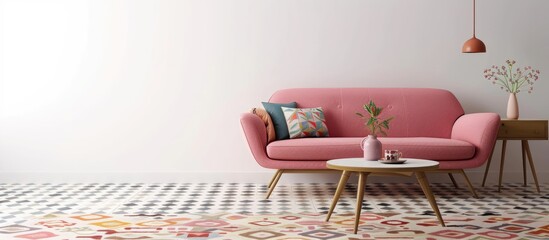 A genuine image showcasing a contemporary living room design featuring a patterned floor, a pink sofa, a coffee table, and a plain white wall. Insert your graphic in this space.