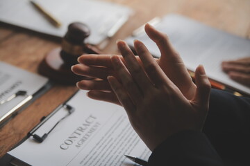 Good service cooperation, Consultation of Businesswoman and Male lawyer or judge counselor having team meeting with client, Law and Legal services concept.
