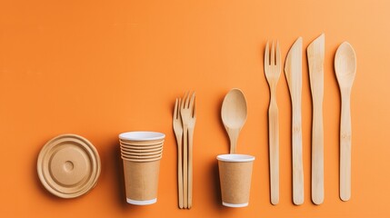 A banner displays a set of eco-friendly tableware, kraft paper utensils, paper containers, cups, and bamboo cutlery on an orange background, emphasizing ethical consumerism in street food packaging - obrazy, fototapety, plakaty