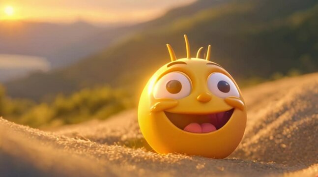 Close-up of a cartoon sun with a smiling face rising over a vibrant landscape.
