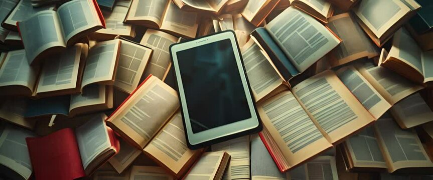 E-book reader surrounded by virtual book pages, the digital reading experience