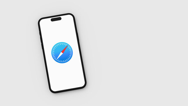 Safari Logo on Mobile Phone Screen on Gray Background with Copy Space