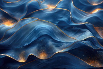 Abstract blue and gold wave background, with golden glittering lines on dark blue waves. Created with Ai - obrazy, fototapety, plakaty