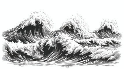 Monochrome drawing of sea or ocean wave with foaming