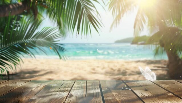 holiday background with summer time tropical blurry seascape with sandy beach. seamless looping overlay 4k virtual video animation background