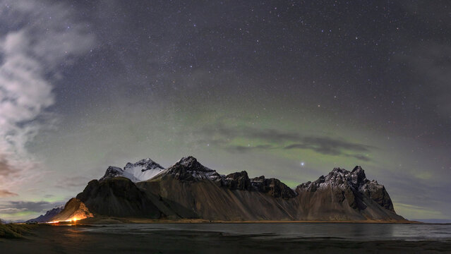 Faint northern lights over Vestrahorn mountain, Iceland