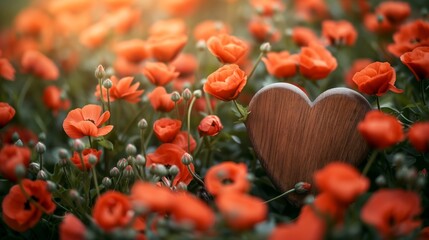 A wooden heart in a clearing of red poppies