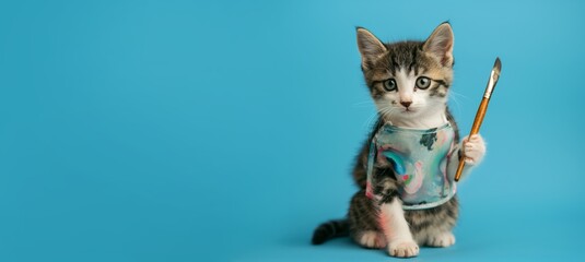 A cute pretty kitten with an art brush and an apron on a blue background with an empty copy space