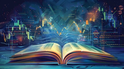 An open book with bright lights and a starry background. - obrazy, fototapety, plakaty
