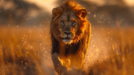 Naklejka premium lion running in the wild