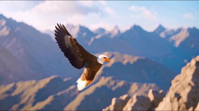Low angle shot of a cartoon eagle soaring above the rugged mountain peaks.
