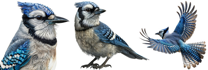 Blue jay bird bundle, portrait, standing and flying, realistic illustration style, isolated on a white background