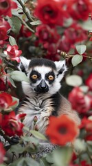 A chubby lemurs striking gaze captured amidst a shower of roses, each petal adding to the scene s vivid contrast