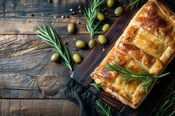 French traditional pate en croute with rosemary olives on dark wooden cutting board