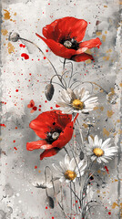 Panel Wall Art, Polished Granite with Watercolor Poppy and Daisy Design