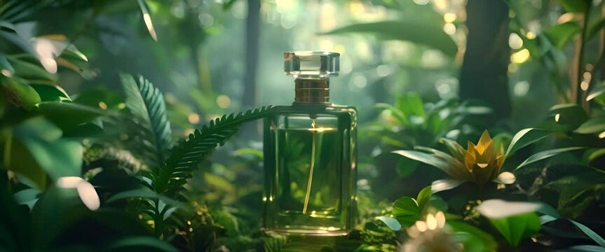 High-end perfume flacon, lush tropical forest aura, vivid greenery and exotic flowers, surreal
