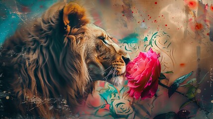 A whimsical scene where a chubby lion sniffs at a vivid pink rose, contrasting textures and colors merging - obrazy, fototapety, plakaty