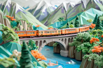 Papier Peint photo Kaki 陸橋と渓谷と電車の風景（ジオラマ風）