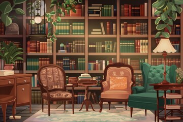 A retro-inspired public library illustration featuring vintage decor, nostalgic furnishings, and classic reading materials from bygone eras, Generative AI