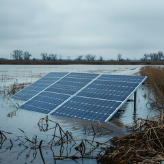 Solar power panels outdoors in a flooded field due to high rainfall climate crisis