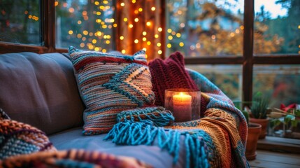 A candle sitting on a couch next to some pillows, AI