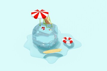 Refreshing summer vacation concept. Beach chair, umbrella and beach accessories on melting ice cube. Creative tropical background for postcard, flyer, poster. 3D illustration, copy space, rendering.