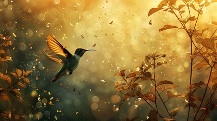 Stunning luxury background with a hummingbird darting through a goldenlined woodland, creating a scene of subtle elegance and timeless beauty - obrazy, fototapety, plakaty
