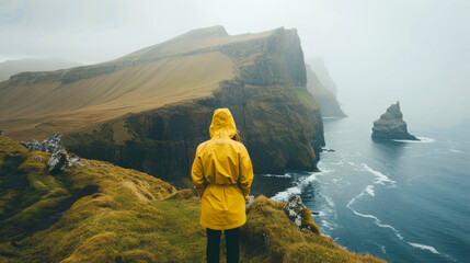Traveler woman trekking in the mountain in the Faroe Islands with a view of the cliffs