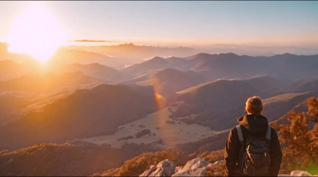 Over-the-shoulder shot of someone watching the sunrise from a mountaintop.
