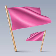 Vector illustration of two 3D-looking pink color flag icons with wooden sticks, isolated on grey background. Created using gradient meshes, EPS 10 vector