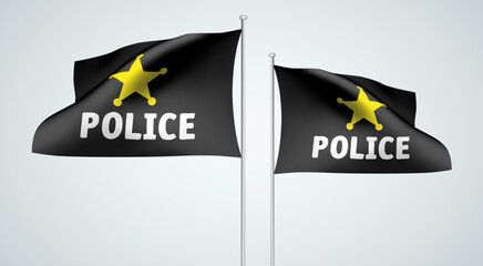 Black vector flags with POLICE text and golden star symbol. A set of wavy 3D flags with flagpoles isolated on light background, created using gradient meshes