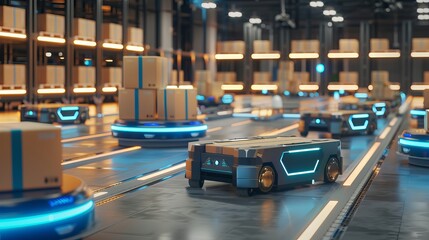 A futuristic 3D concept of an automated retail warehouse is depicted with AGV robots delivering cardboard boxes, highlighting automated guided vehicles for logistics in a distribution center - obrazy, fototapety, plakaty