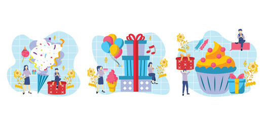 Flat Bundle Birthday Sweet Gift Design Illustration