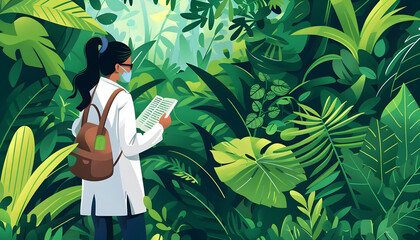 Clipart of a botanist studying plants in a lush tropical rainforest ar7 4 v6 0 Generative AI - obrazy, fototapety, plakaty