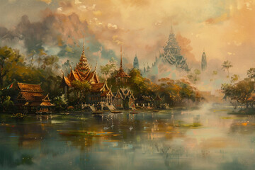 A Thai painting breathes life into an ancient town, capturing the ethereal beauty of its temples (wats) and the vibrant life within.